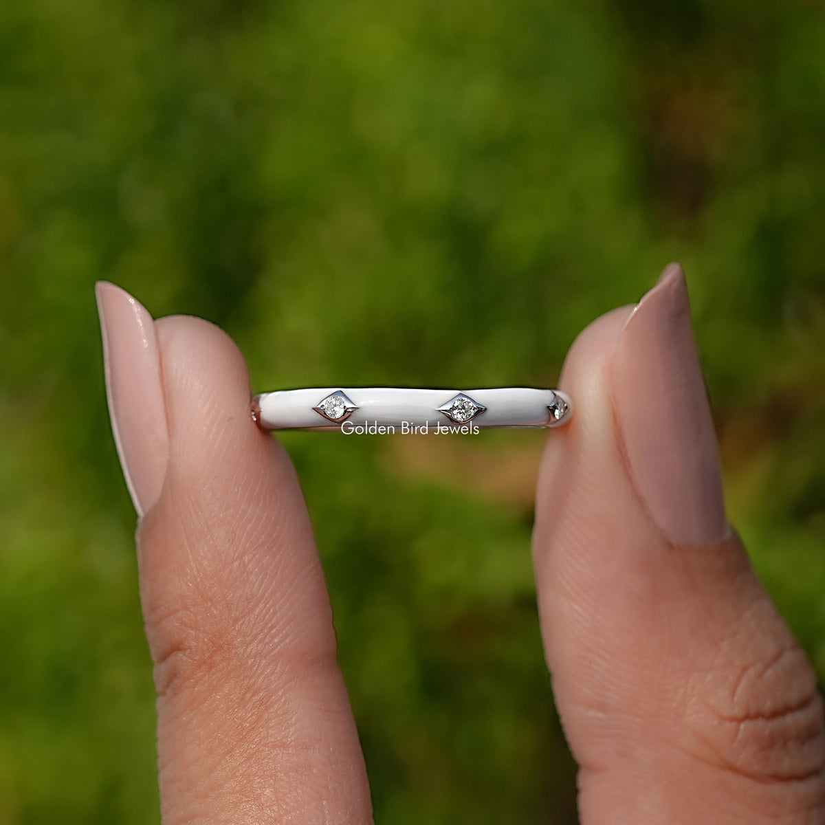 Front View of Full Eternity Round Moissanite Flush Set Band