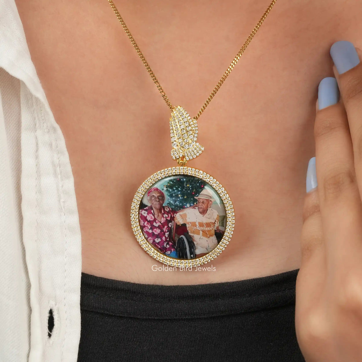 In neck view of round cut moissanite halo pendant