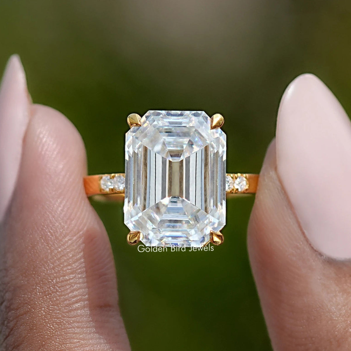 Front View of Off White Old Mine Emerald Moissanite Engagement Ring