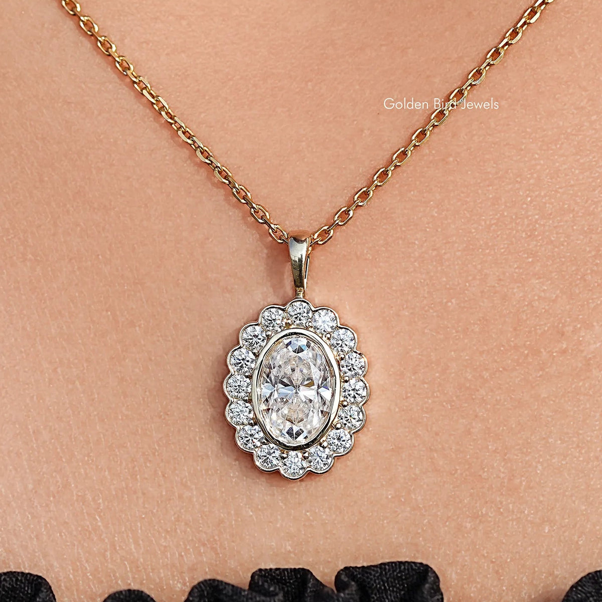 Front View of Oval Shaped Moissanite Halo Pendant