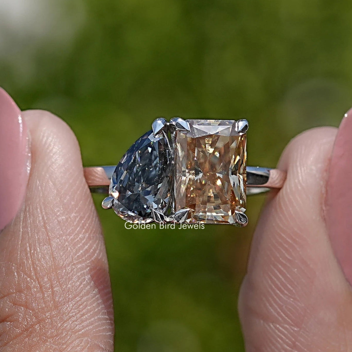 Front View of Radiant And Pear Cut Moissanite Ring