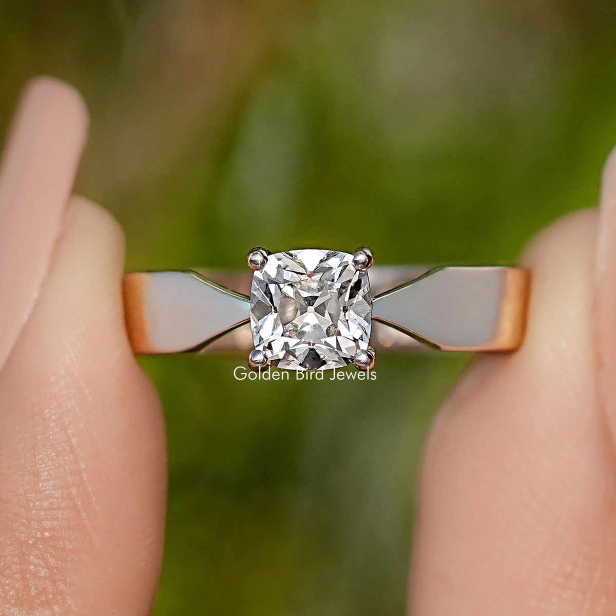 Front View of Square Old Mine Cushion Diamond Solitaire Ring