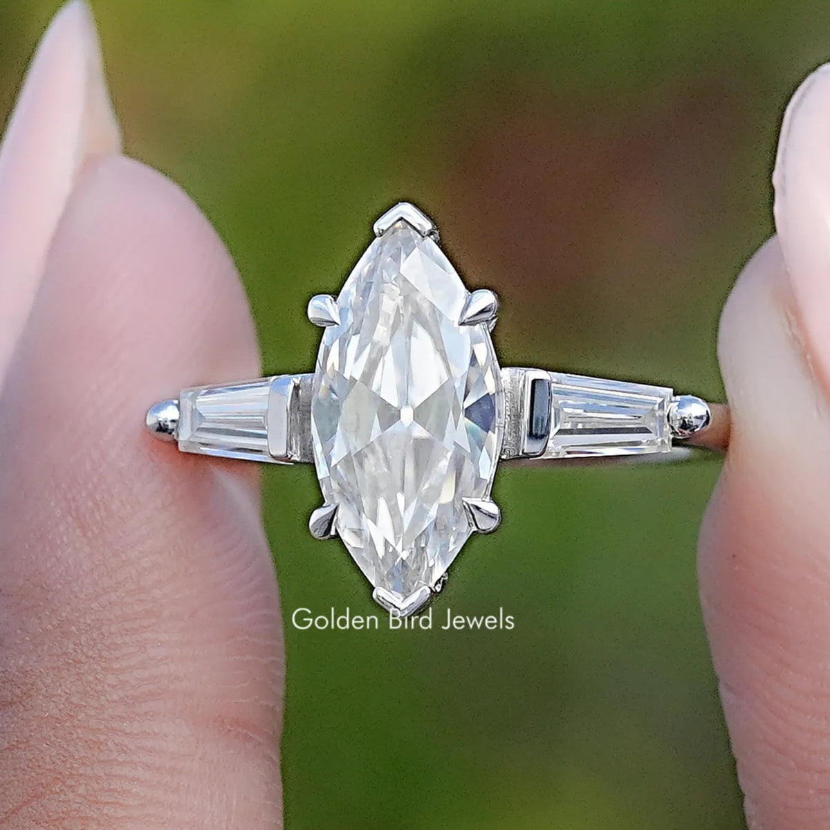 Front View of Three Stone Old Mine Marquise Moissanite Ring