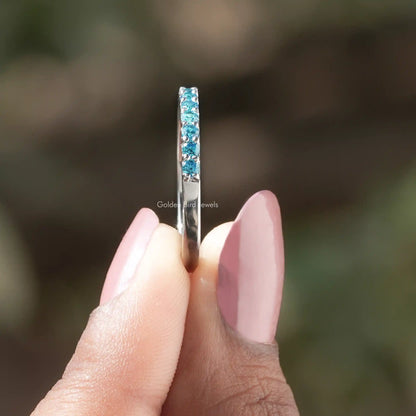 Side View of Aquamarine Blue Round Gemstone Eternity Band