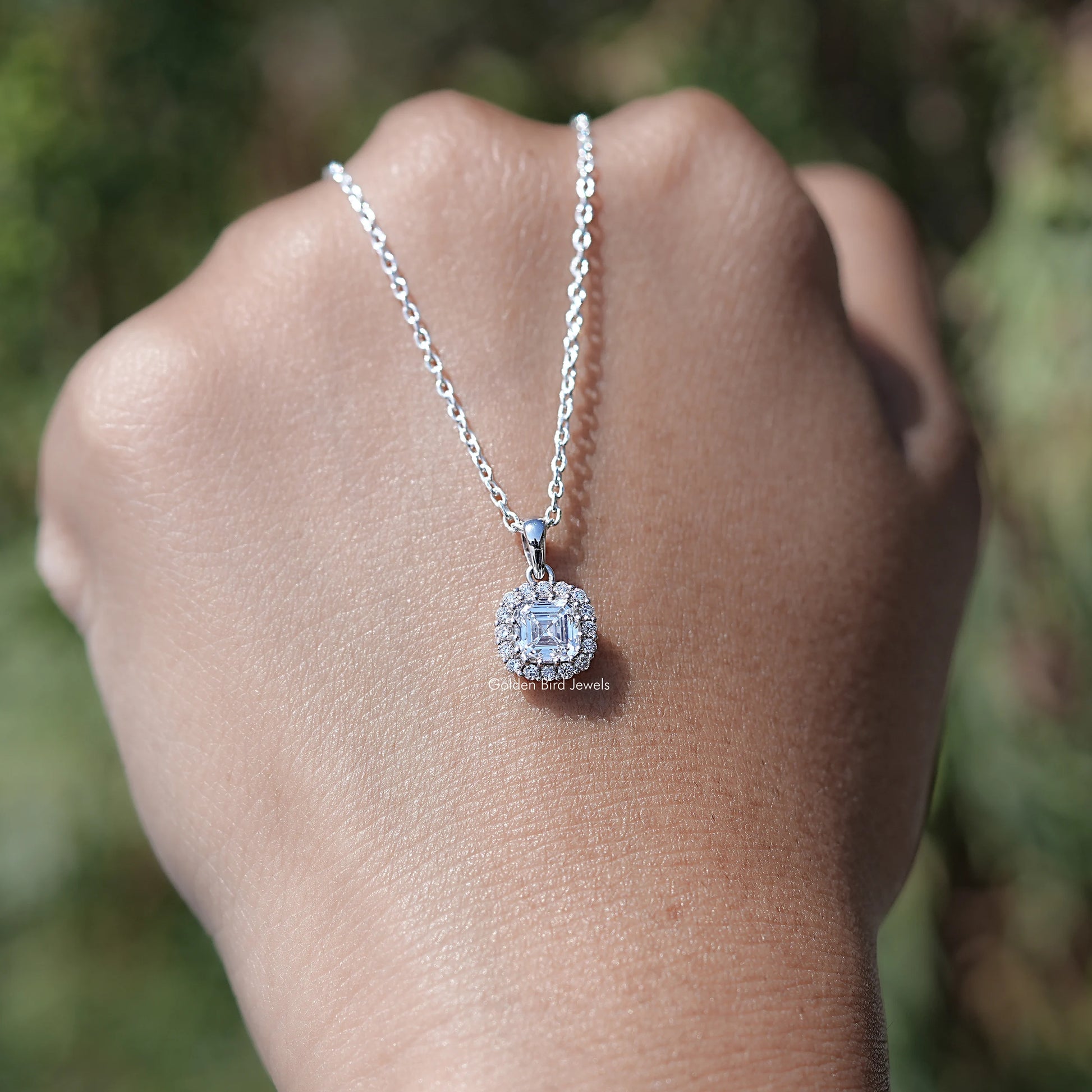 Front View of Old Mine Cushion Square Lab Diamond Halo Pendant