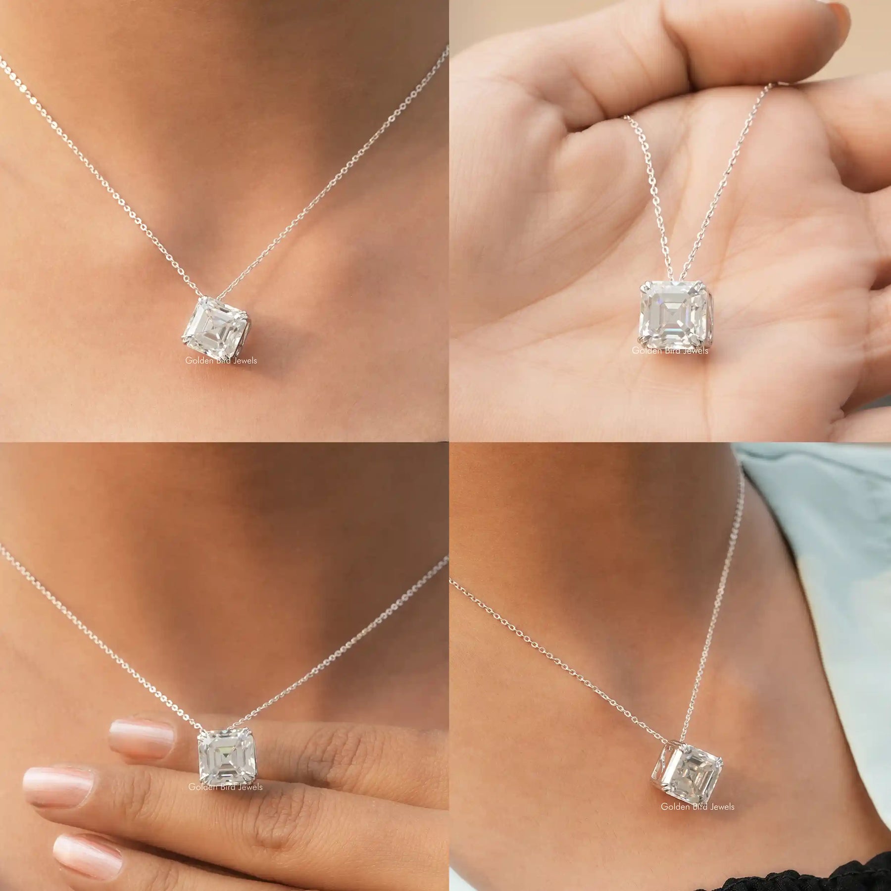 Front back side and close view of asscher shaped pendant 