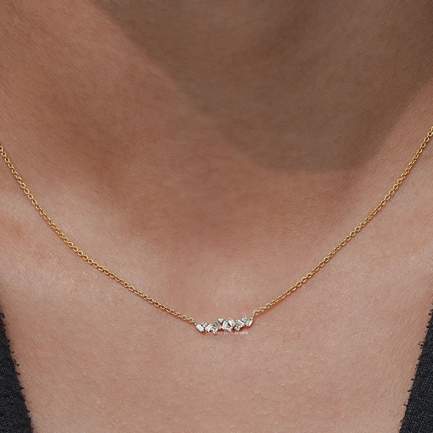 Front View Of Baguette Cut Lab Diamond Cluster Pendant In Yellow Gold