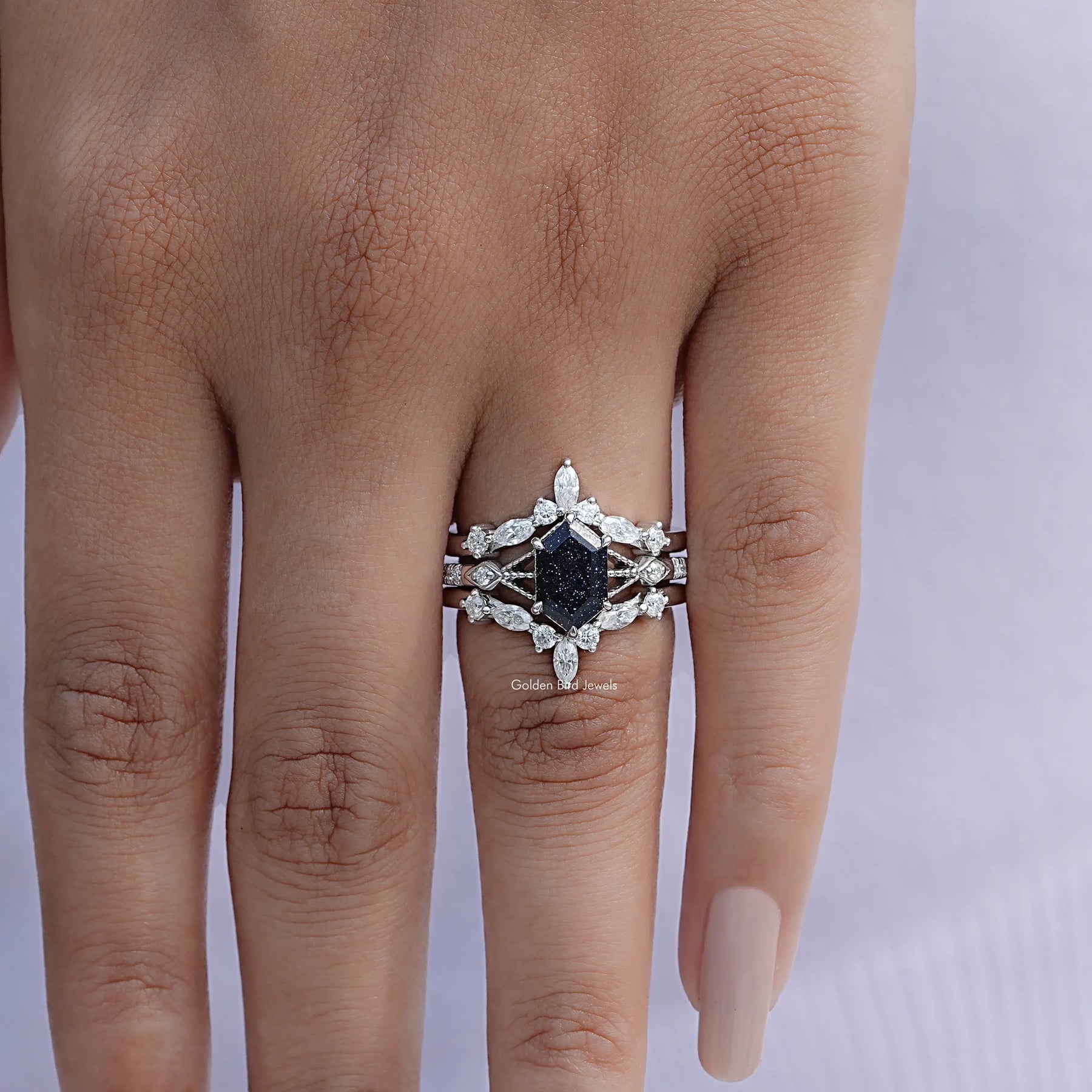 Detailed View Of Blue Hexagon Cut Gemstone Ring In White Gold