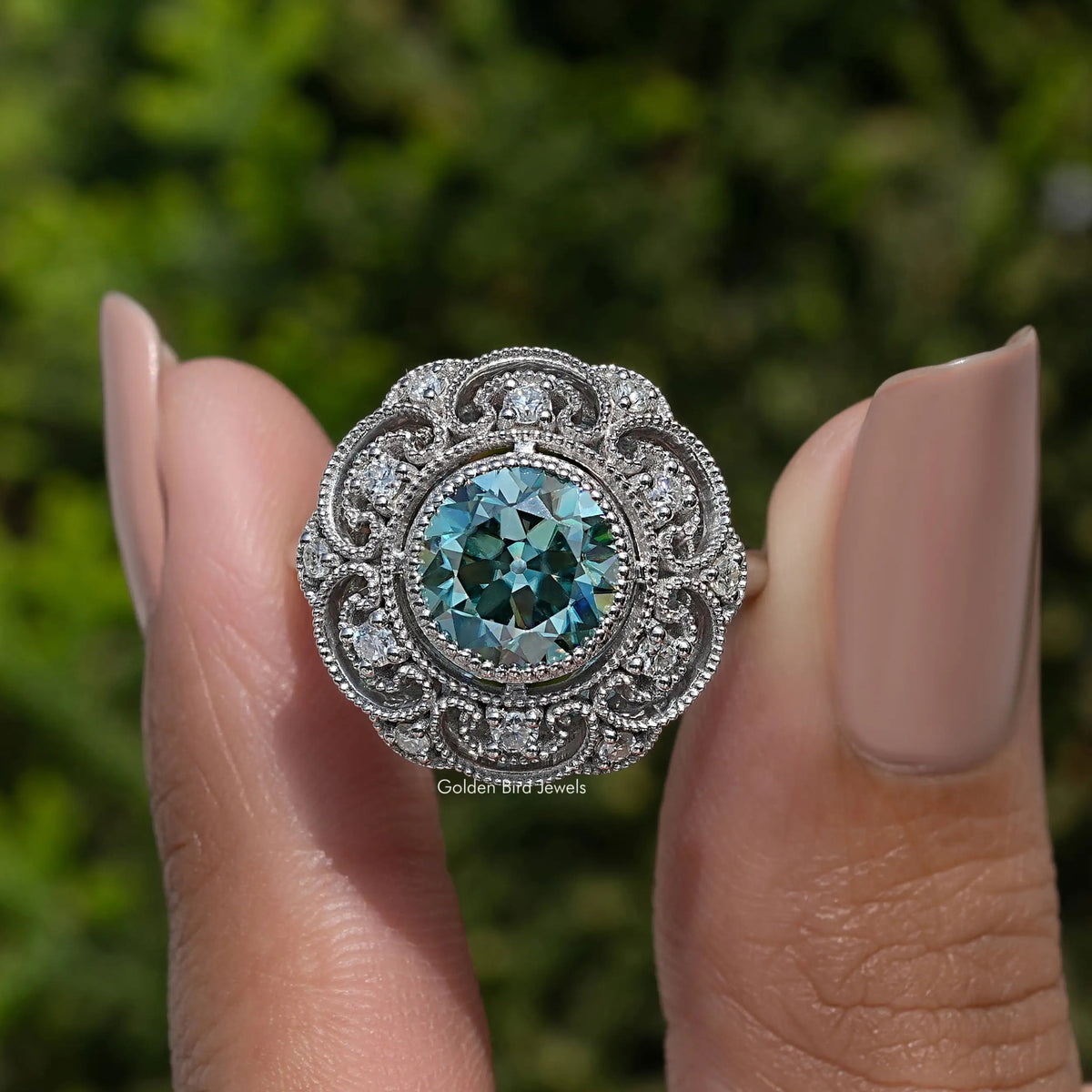 Blue Old Europen Round Cut Vintage Moissanite Ring