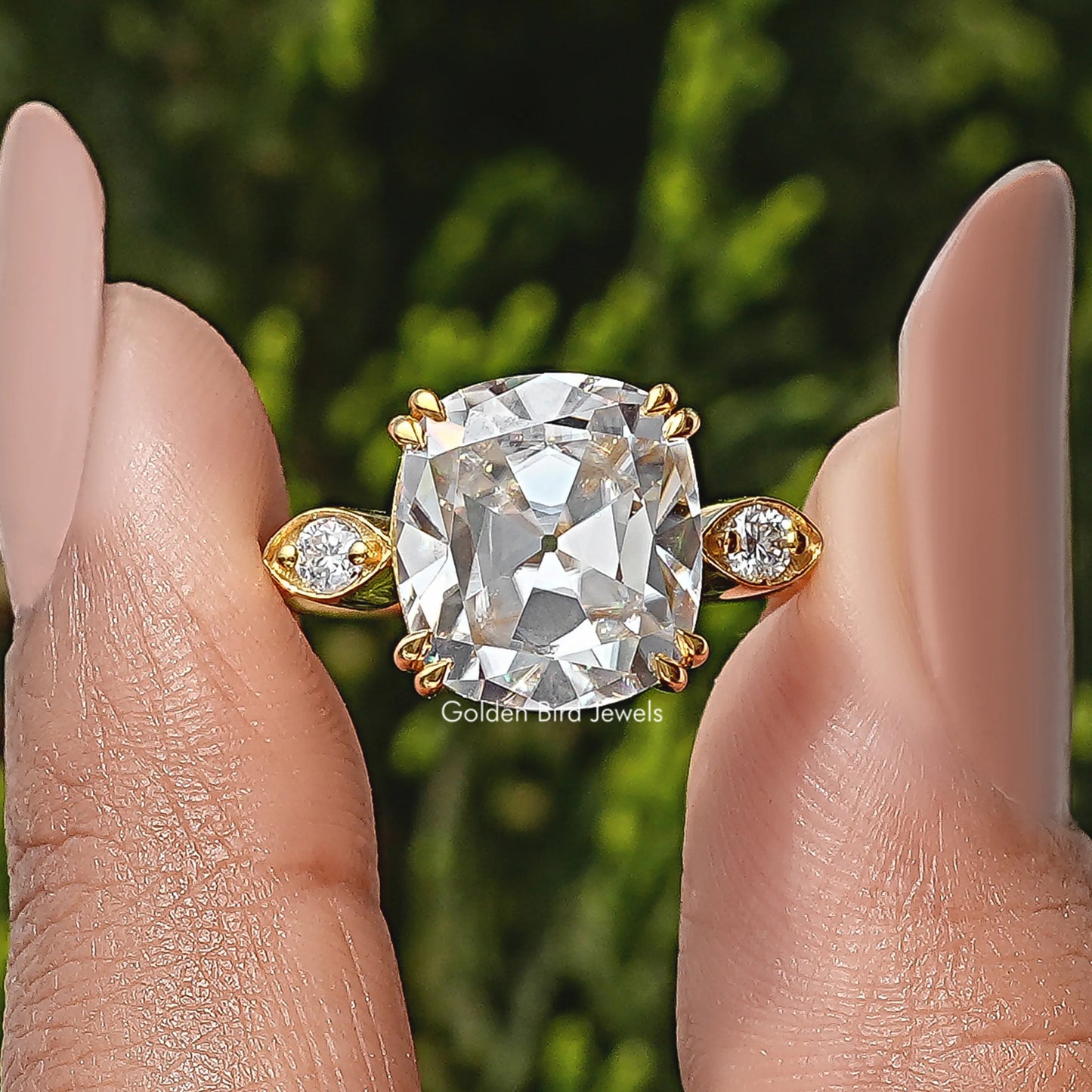 Old Mine Cushion Three Stone Moissanite Ring