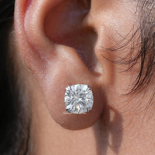 In ear view of moissanite emerald Cut Stud Earrings 