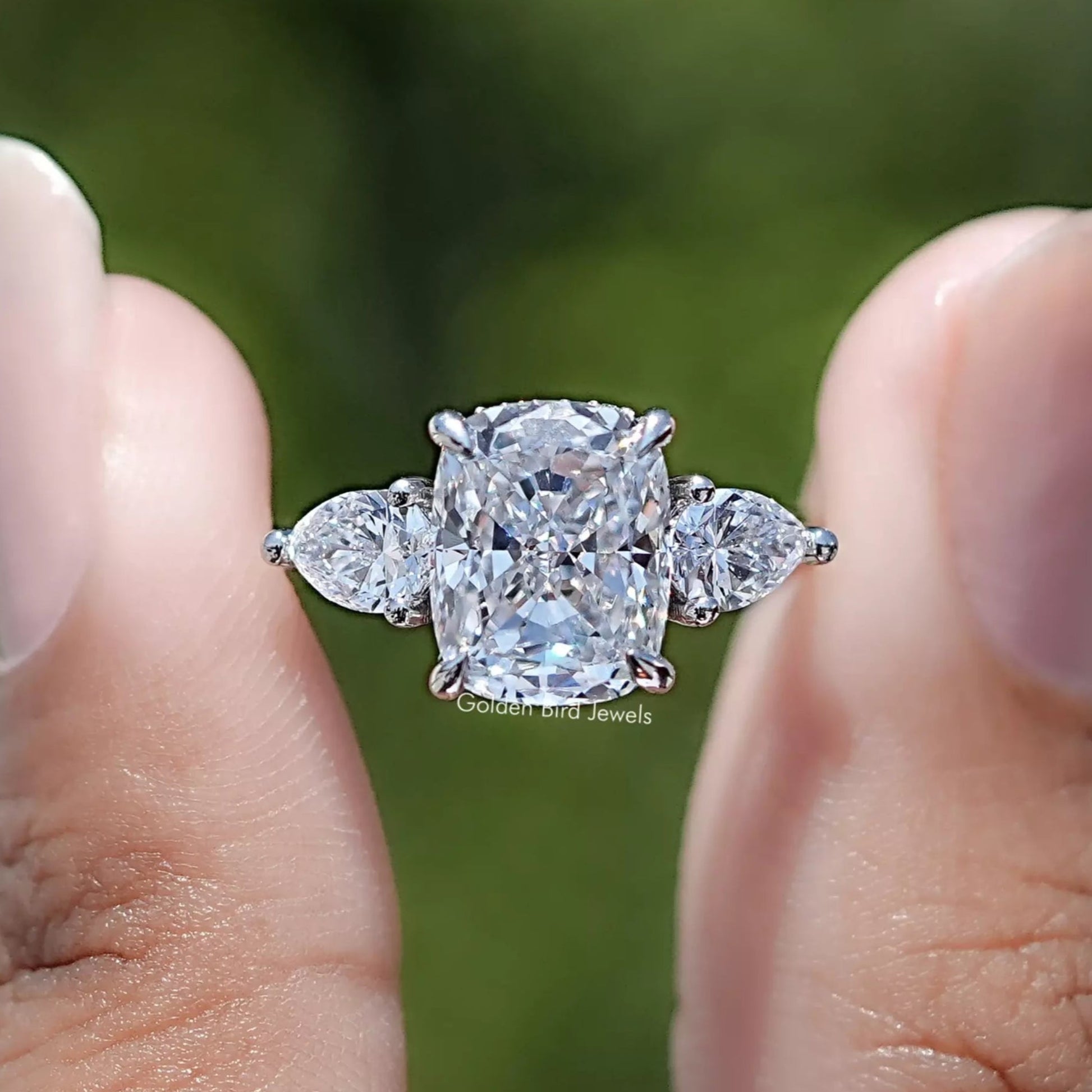 Cushion Lab Diamond Three Stone Hidden Halo Ring In Two Fingers