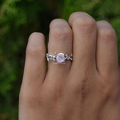 Rose Quartz Round Gemstone Leaf Style Ring