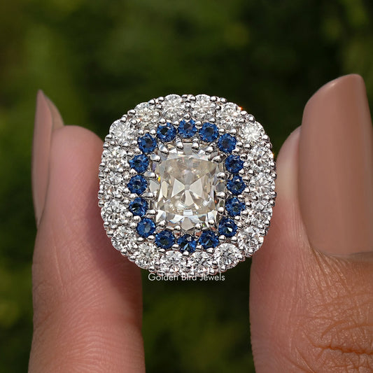 Double Halo Old Mine Cushion Moissanite Ring