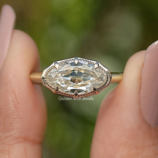 East West Old Mine Moval Moissanite Solitaire Ring