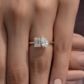 Close-Up View of Pear And Emerald Cut Lab Diamond Toi Et Moi Ring In White Gold 