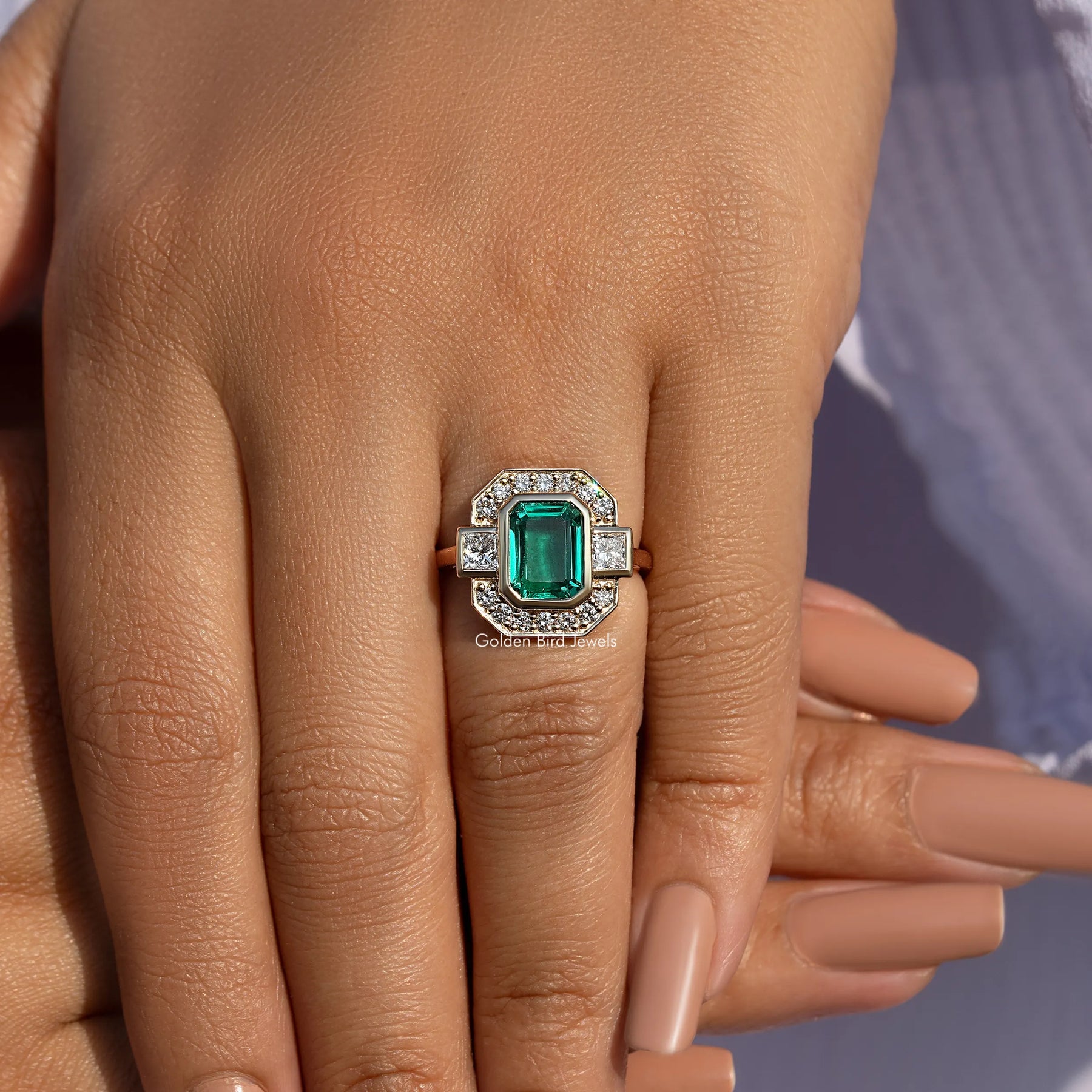 Emerald Lab Gemstone Halo Engagement Ring