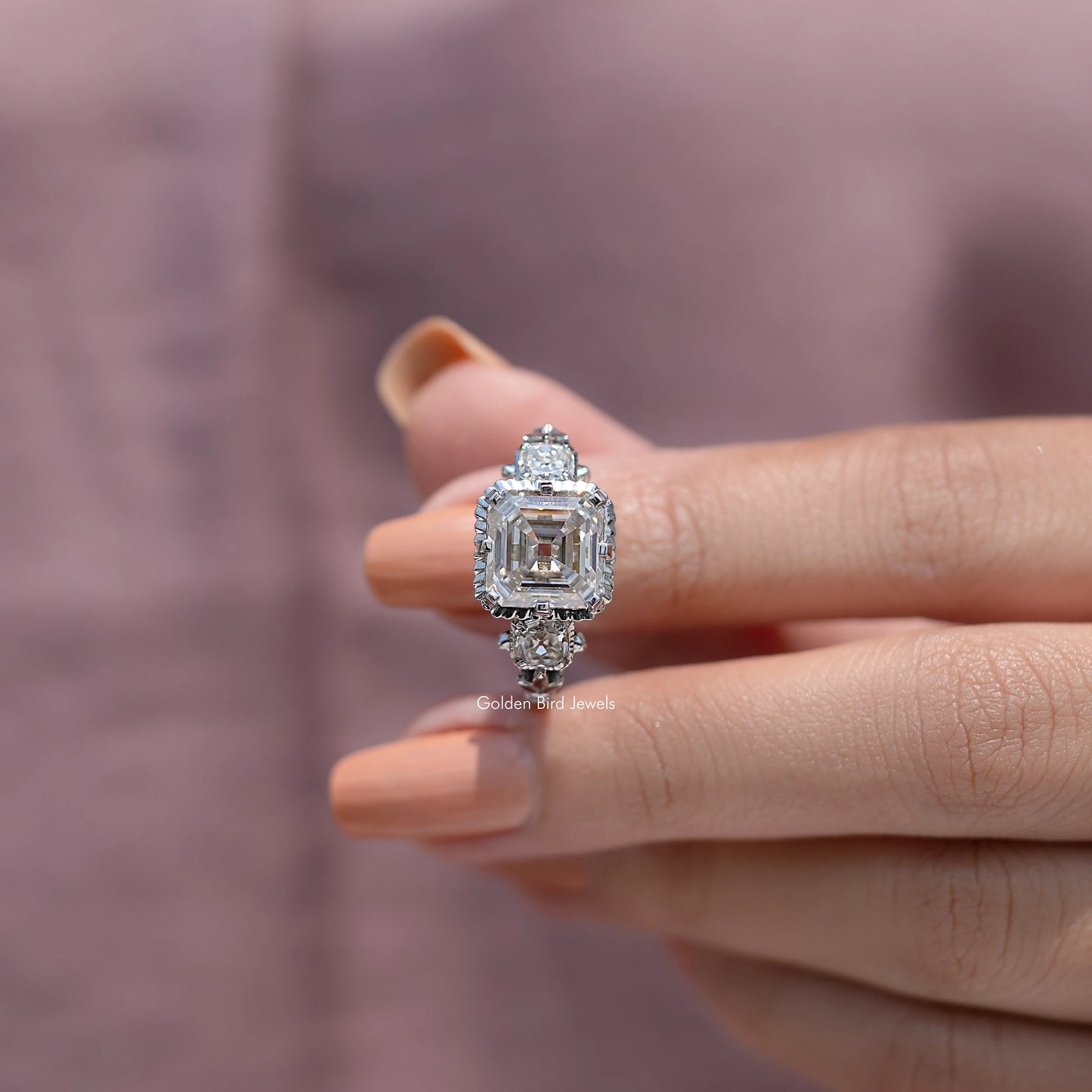 Old Mine Asscher Cut Moissanite Three Stone Ring