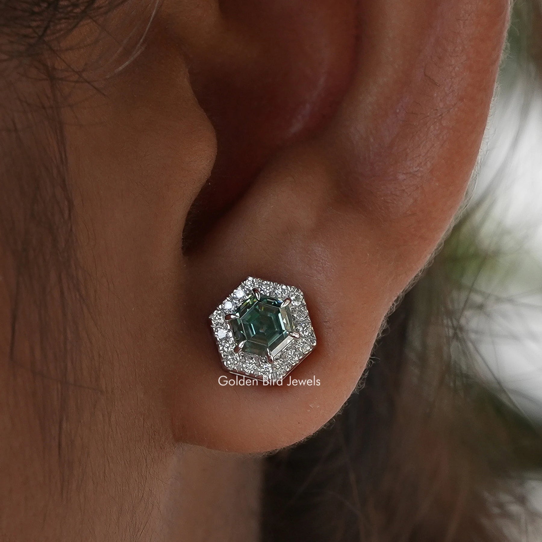 Hexagon Cut Halo Moissanite Stud Earrings