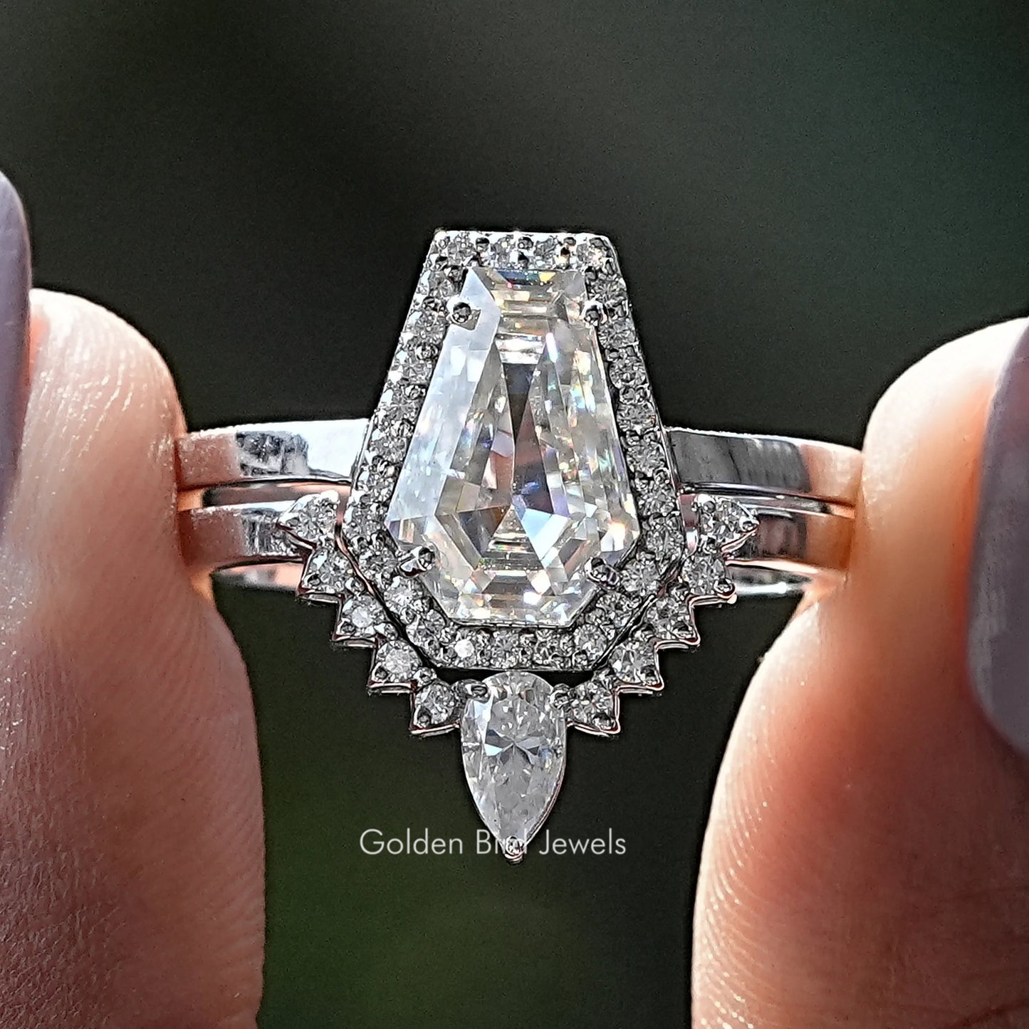 Coffin Cut Moissanite Halo Bridal Ring Set