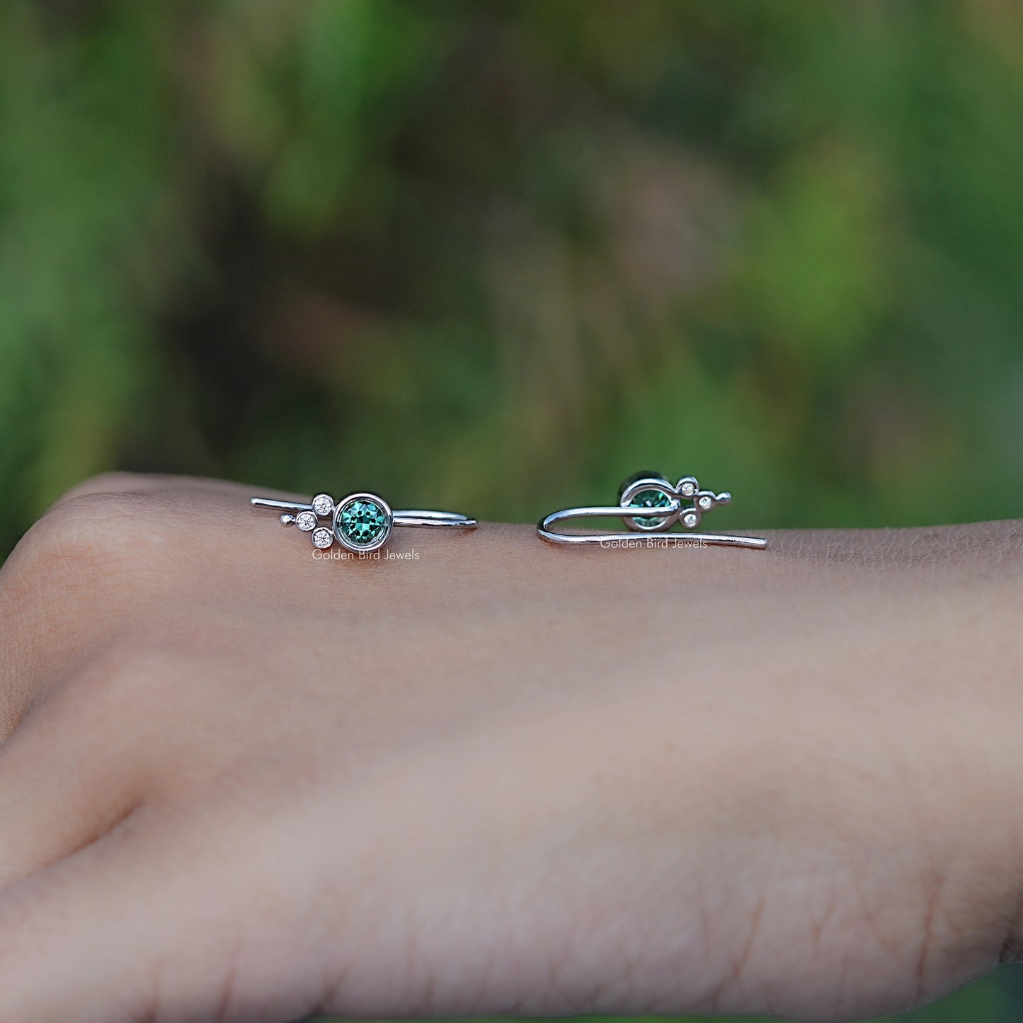 Front And Back Side View Of Green Round Moissanite Earwire Drop Earrings