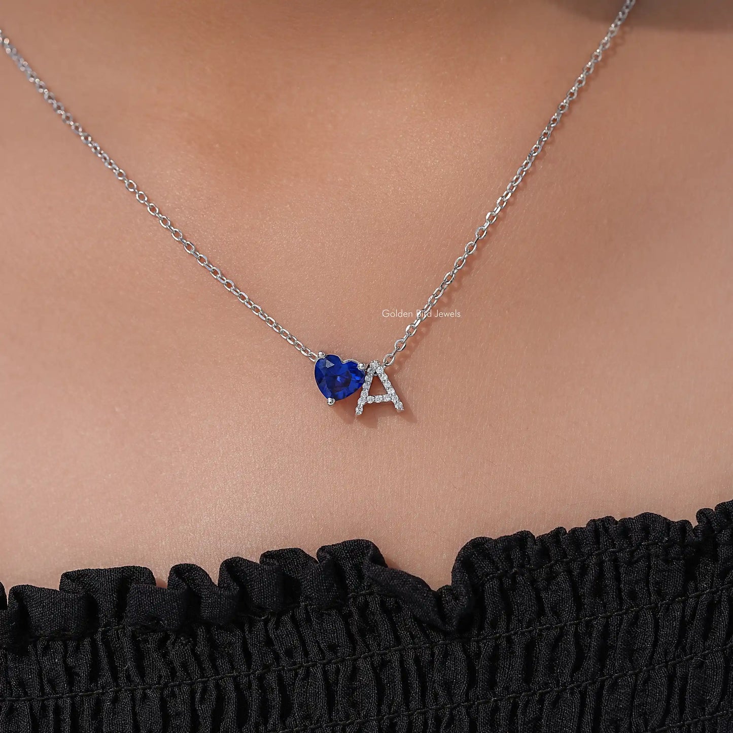 Heart Sapphire and Initial Letter Birthstone Pendant Necklace