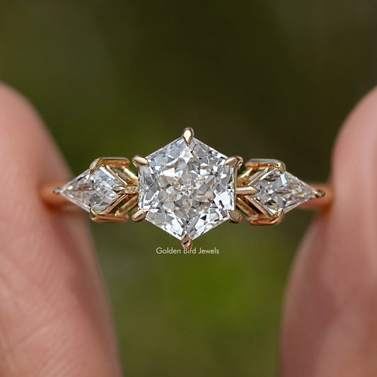 Hexagone Cut Lab Diamond Three Stone Ring