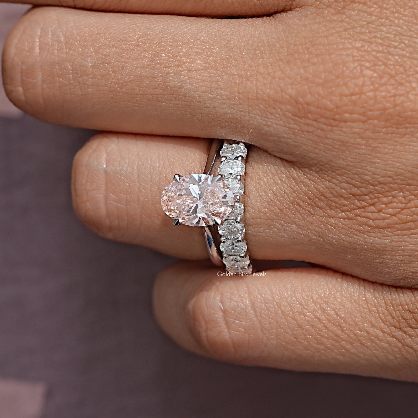 Pink Oval Cut Lab Grown Diamond Bridal Ring Set
