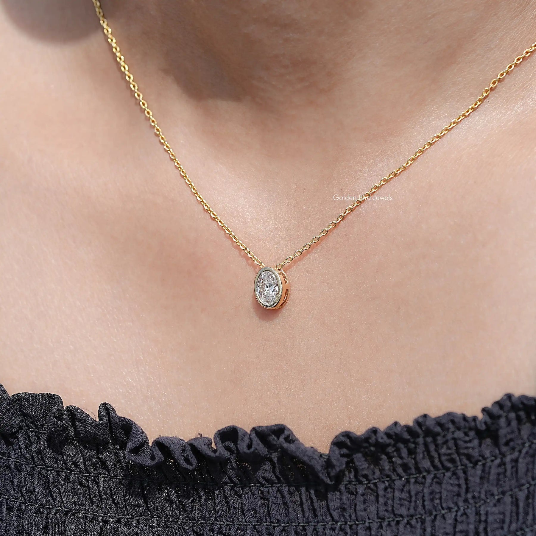 neck View of Oval Cut Lab Diamond Bezel Set Solitaire Pendant