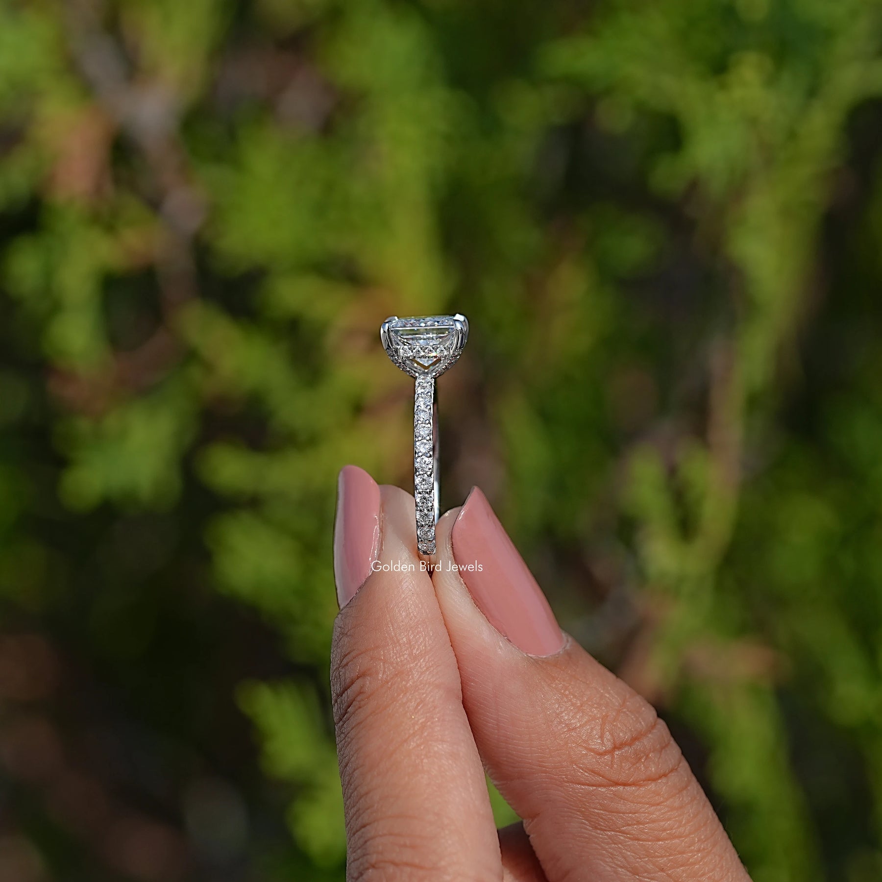 Side View Of Princess Cut Lab Diamond Hidden Halo Ring
