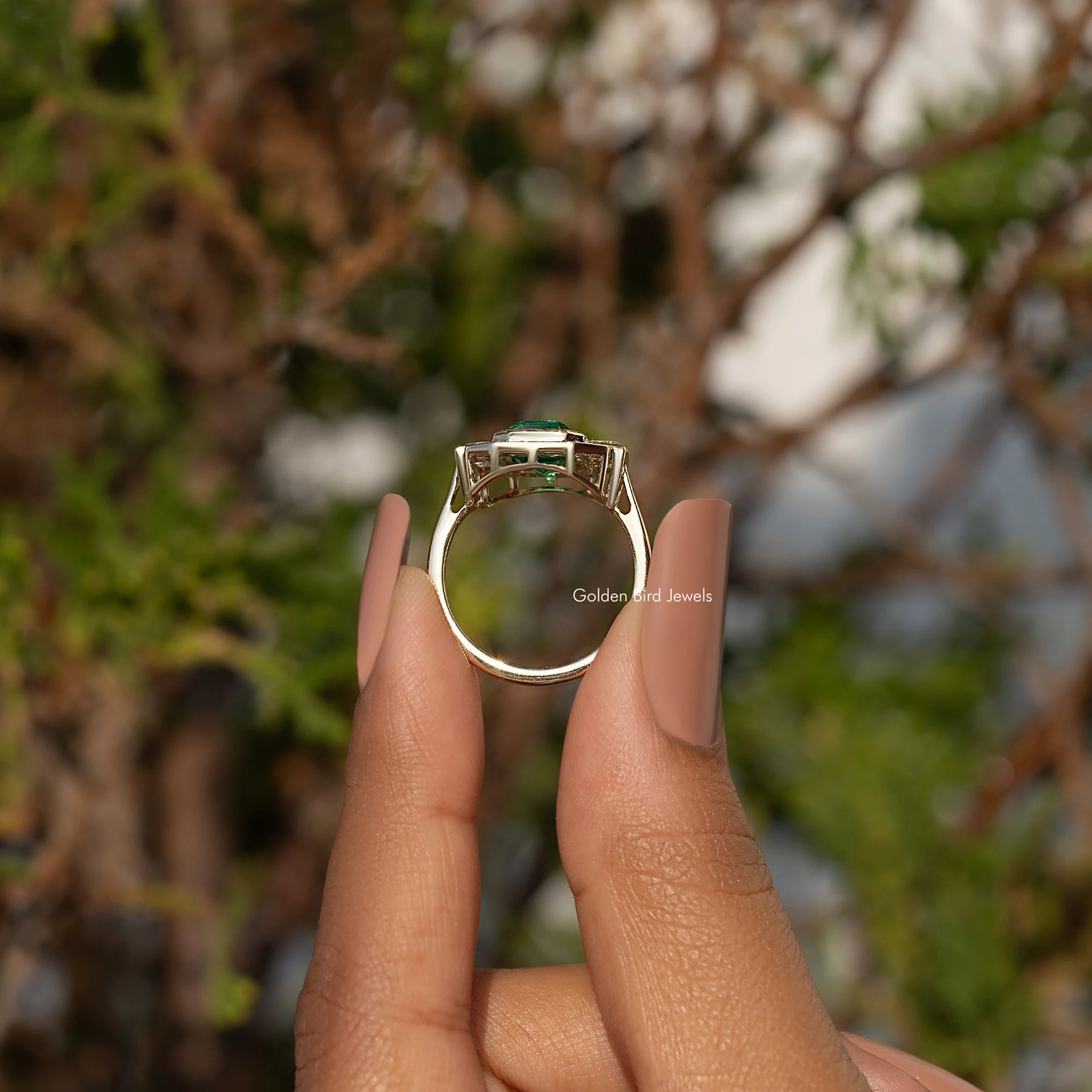 Emerald Lab Gemstone Halo Engagement Ring
