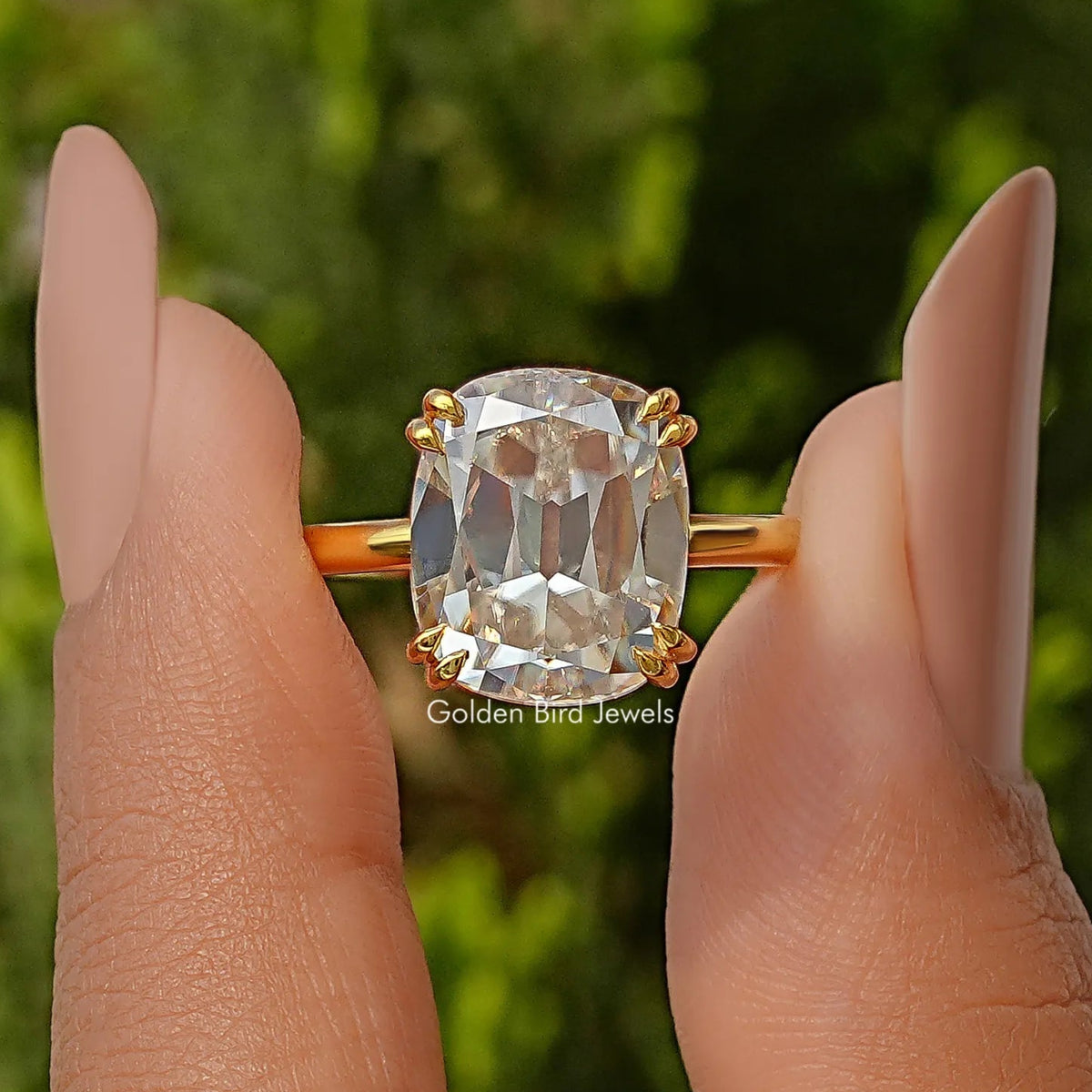 Elongated Old Mine Cut Cushion Solitaire Moissanite Ring