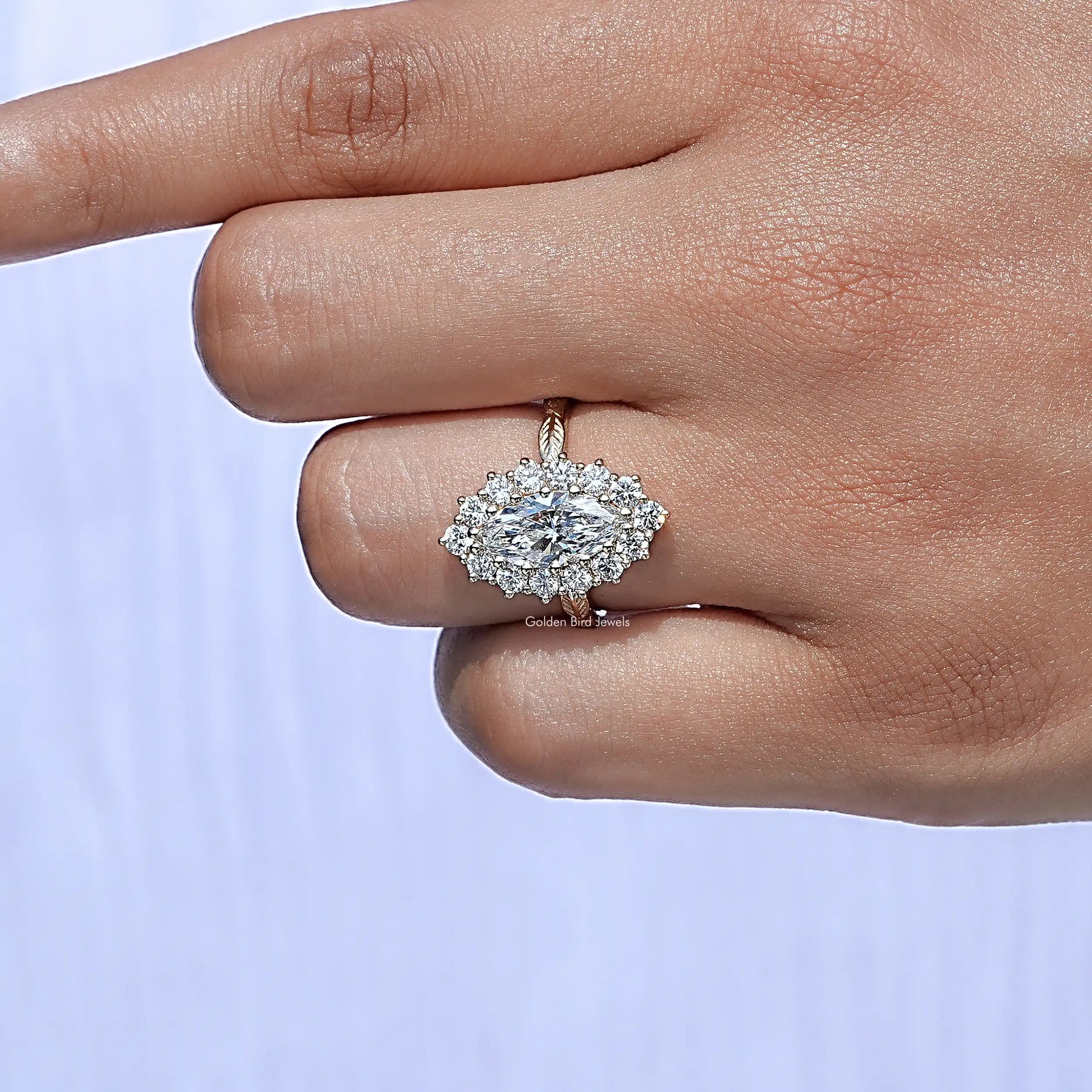 Close-Up View of Marquise Cut Lab Grown Diamond Ring In Yellow Gold 
