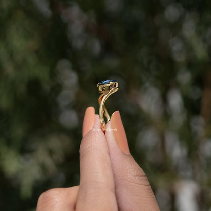 Pear Sapphire Moissanite Curved Solitaire Ring