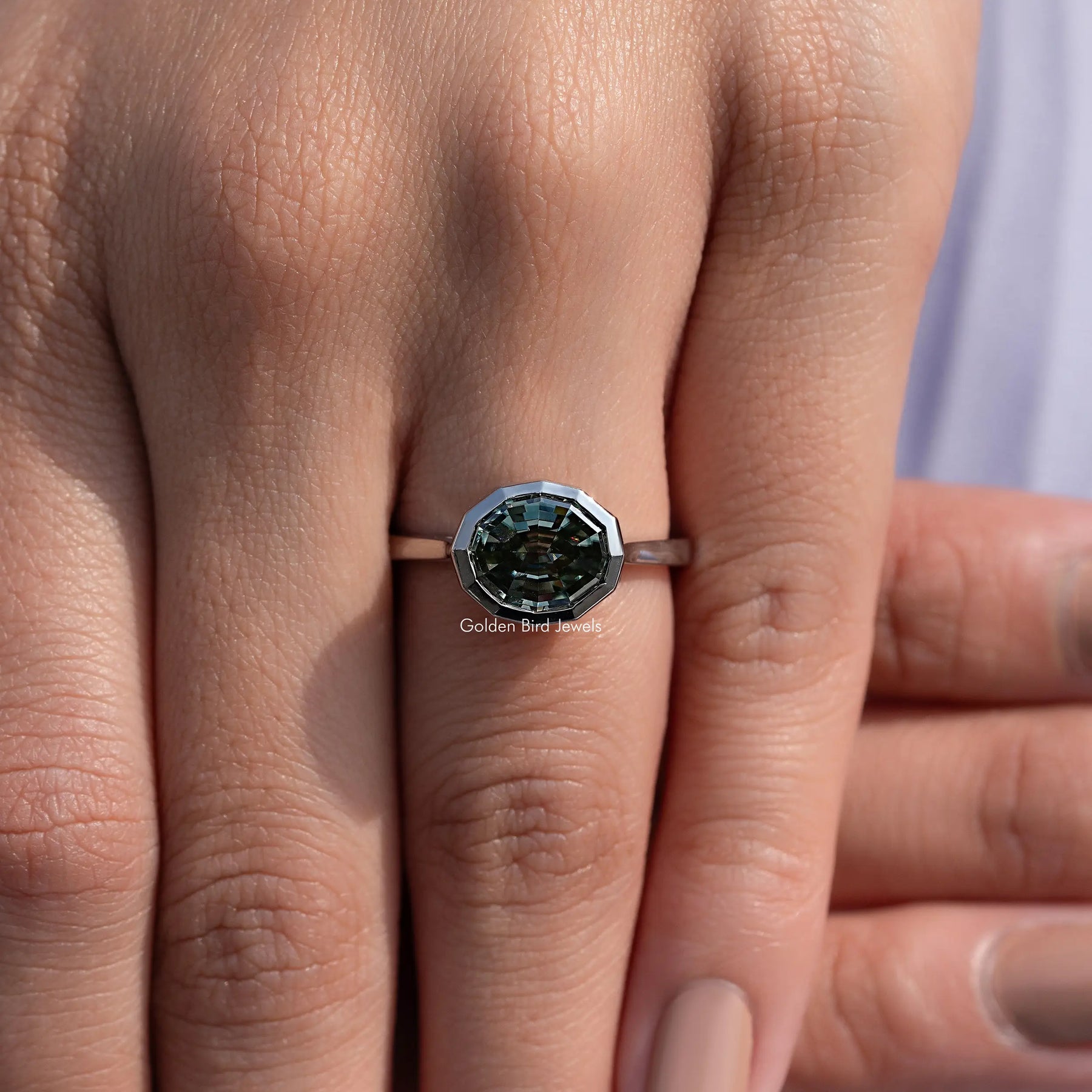 Moissanite Step Cut Oval Blue Green Solitaire Bezel Set Ring