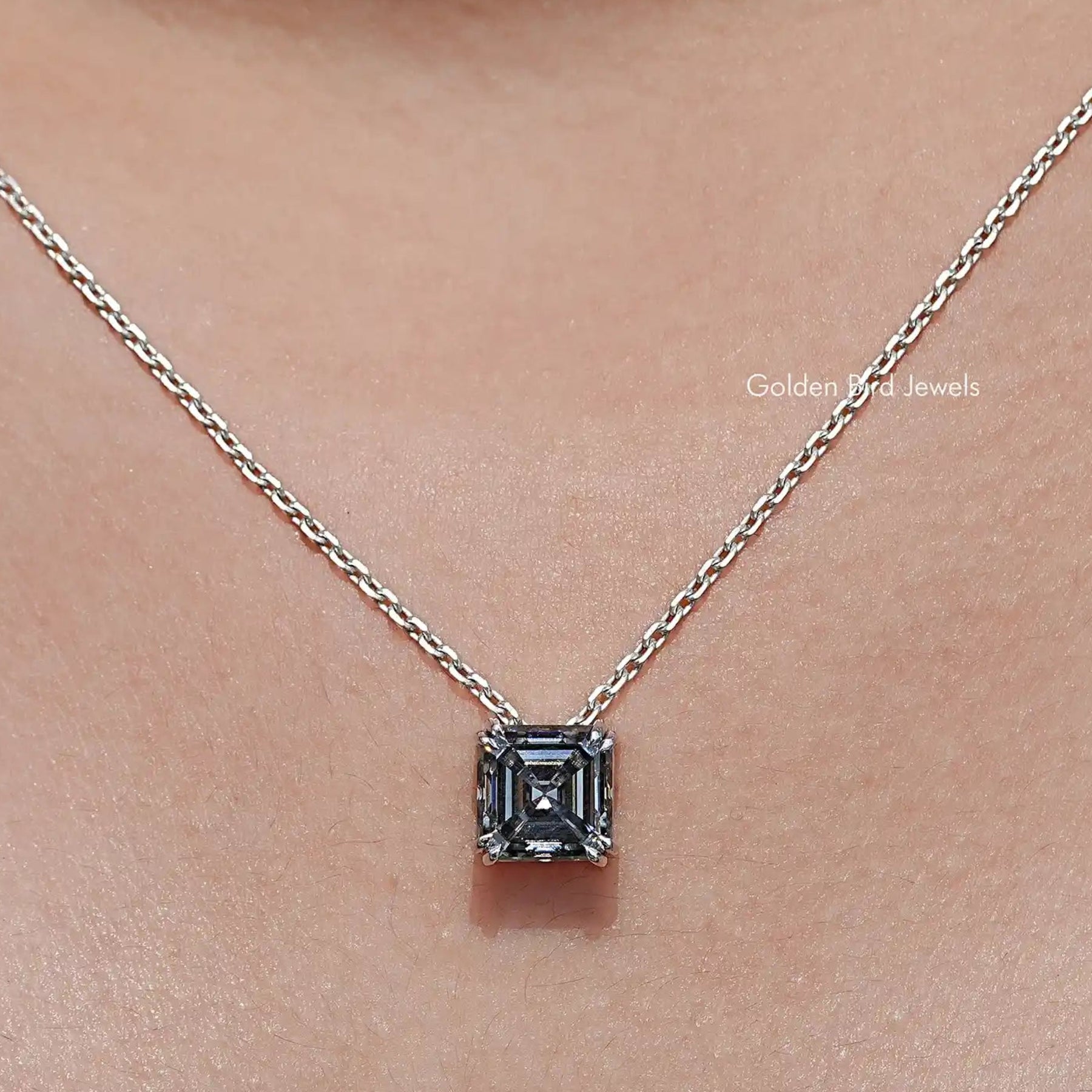 Front View of Gray Asscher Cut Moissanite Solitaire Pendant
