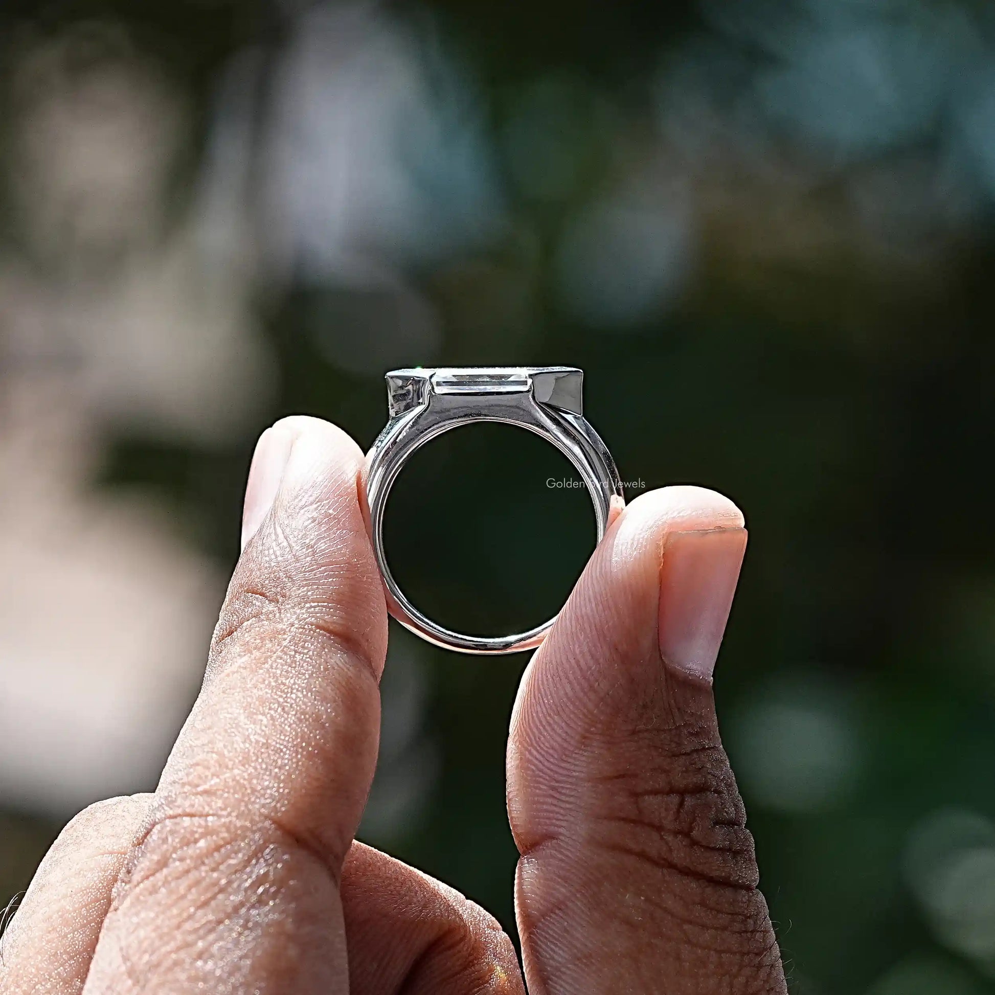 In front view of moissanite Hexagon cut Ring
