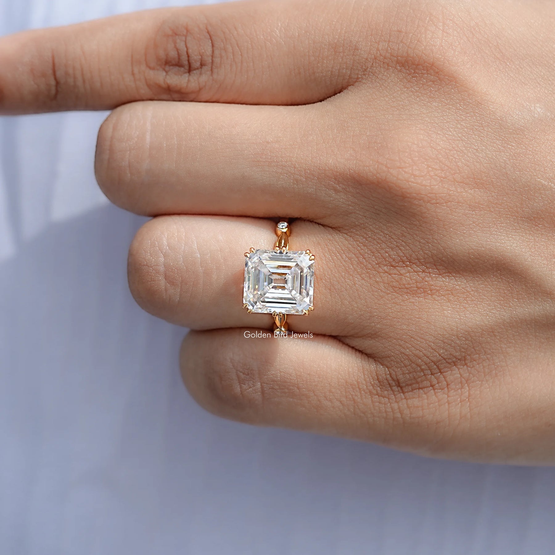 Close view of Asscher Cut Solitaire Engagement Ring 
