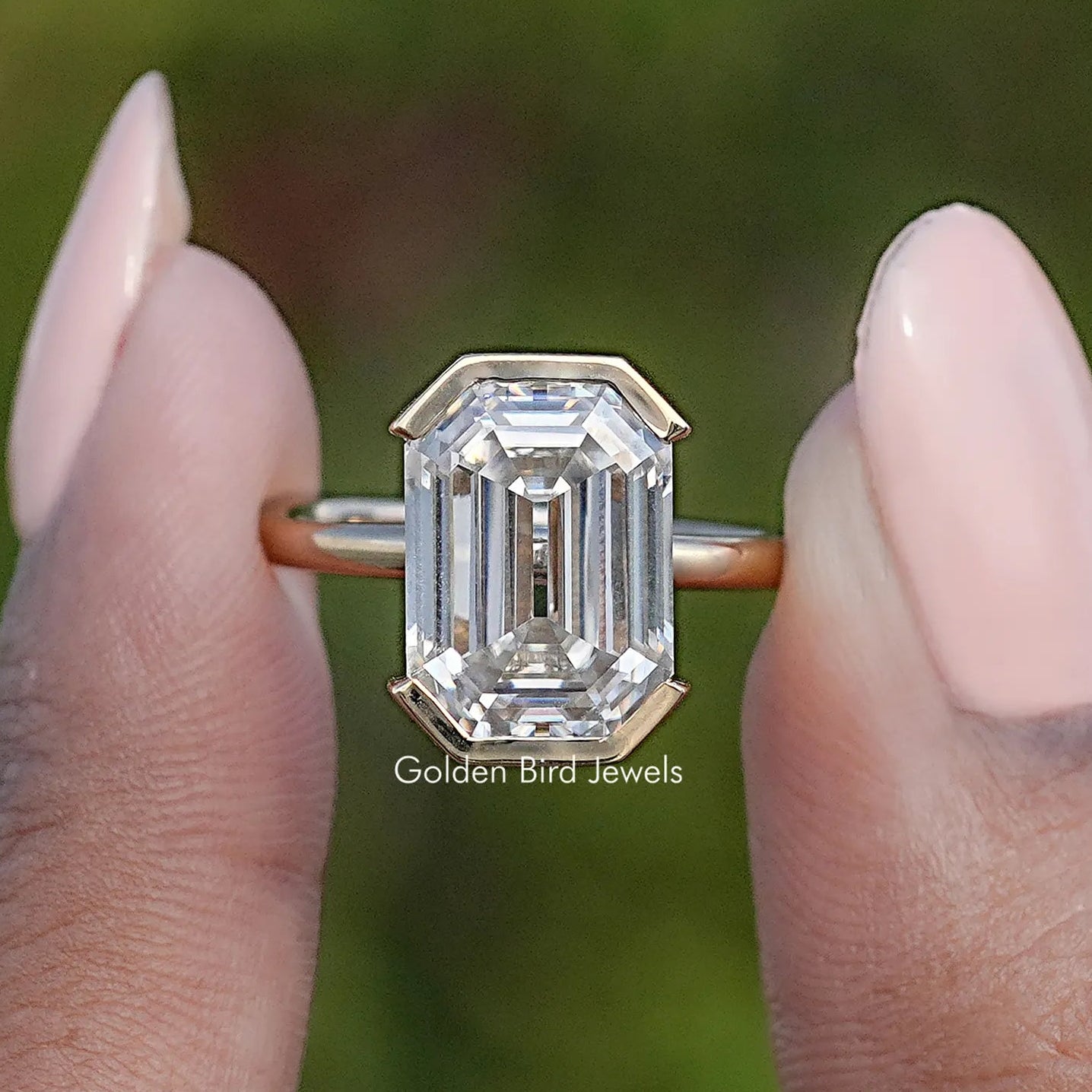 Front View of Moissanite Old Mine Emerald Cut Ring
