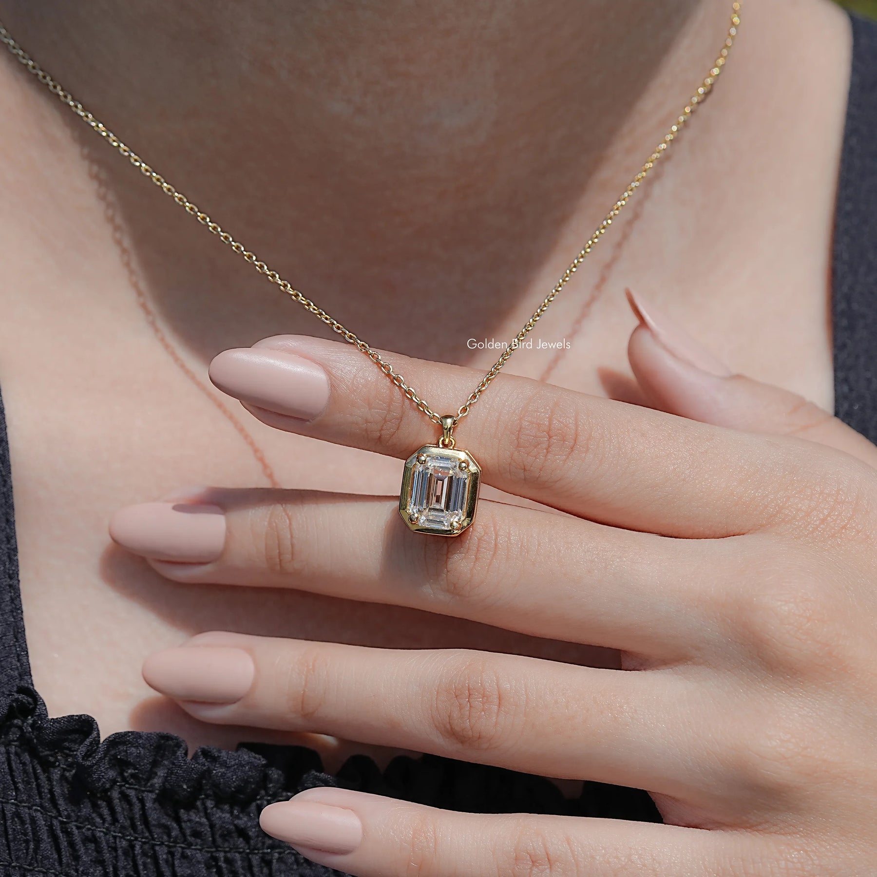 detail view of Emerald Shaped Moissanite Pendant

