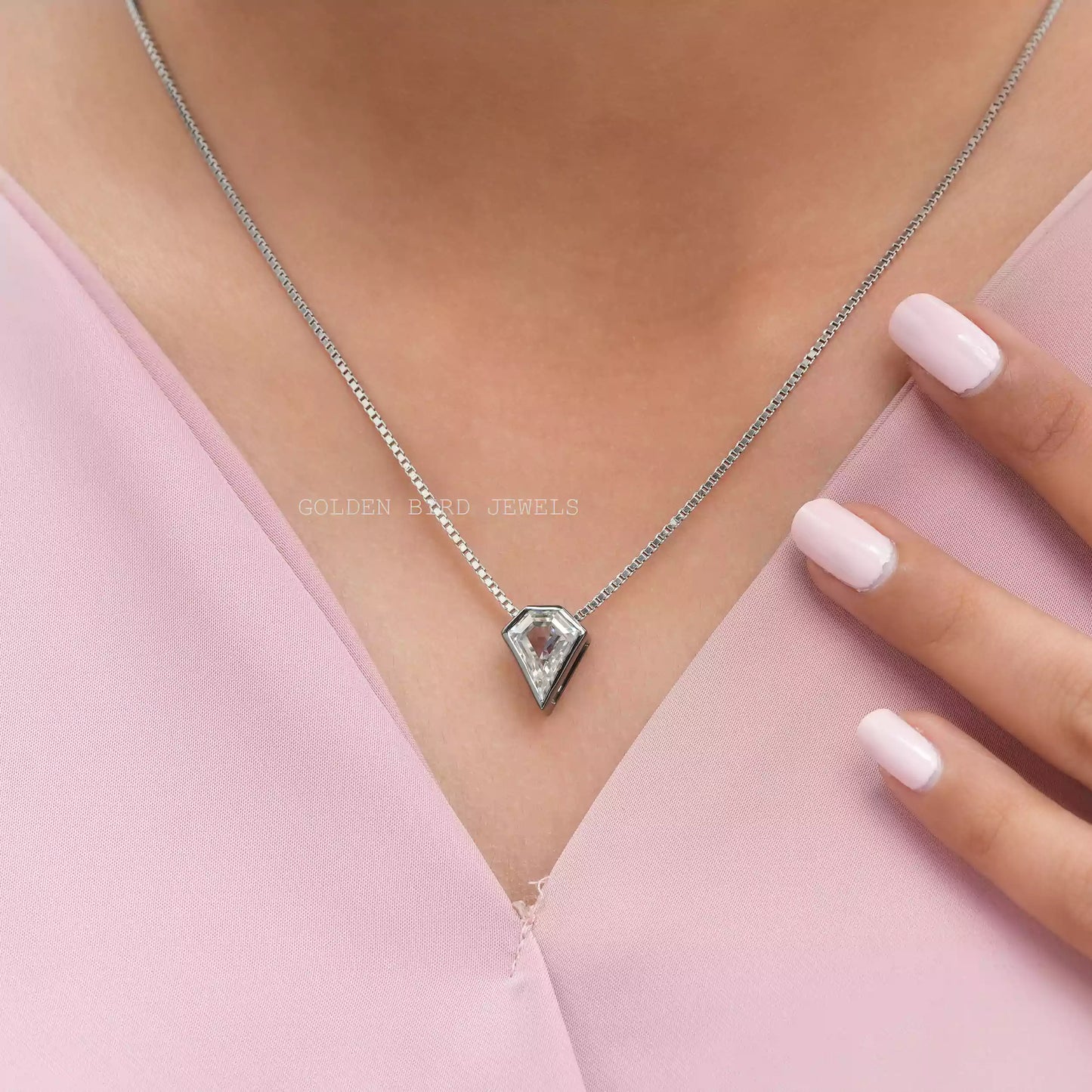In neck front view of moissanite pentagon pendant 