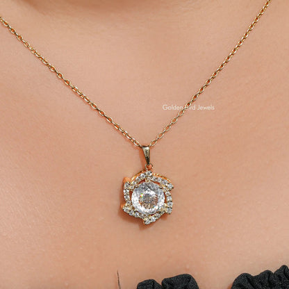 Portuguese Cut Moissanite Halo Pendant For Her