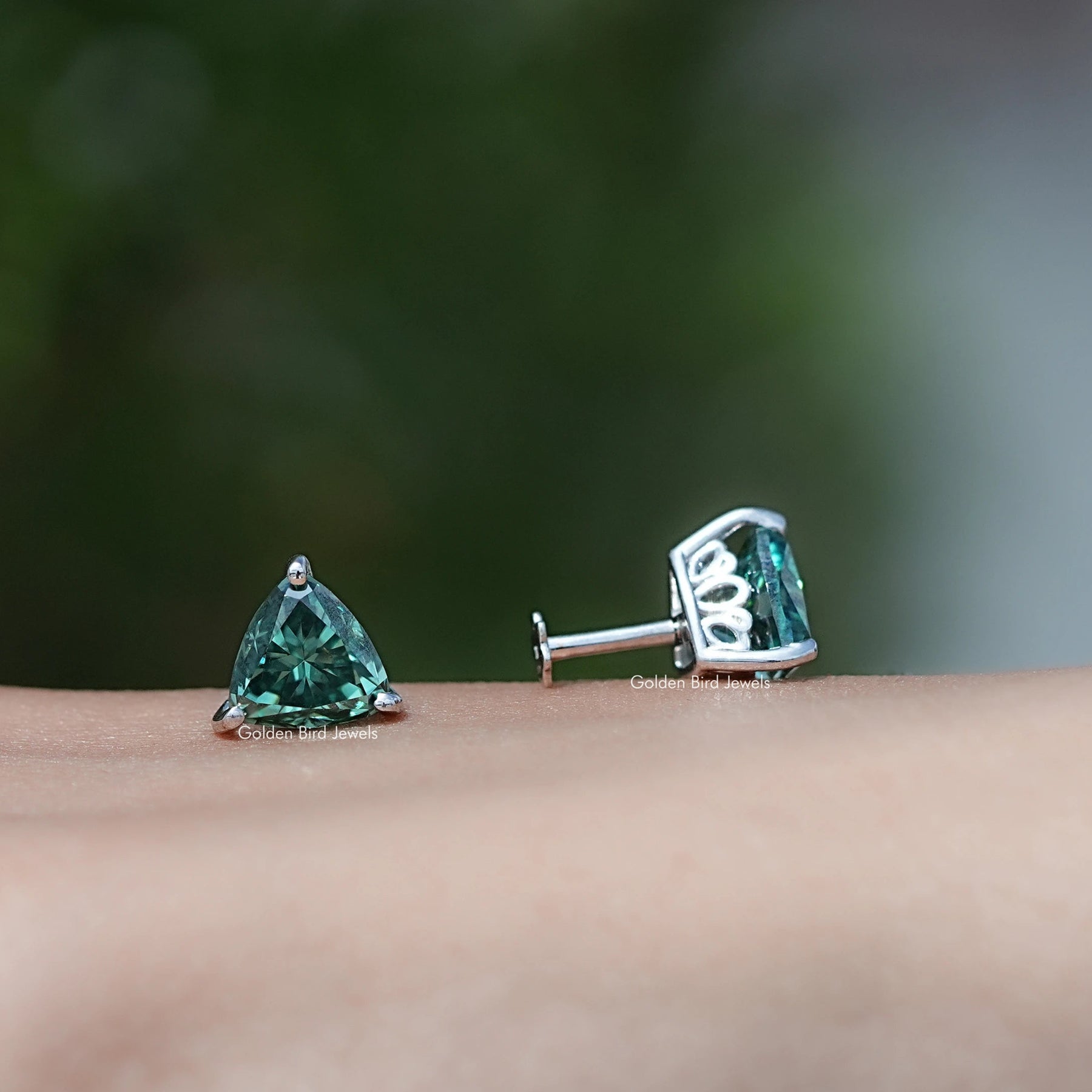 Dark Green Trillion Cut Moissanite Stud Earrings
