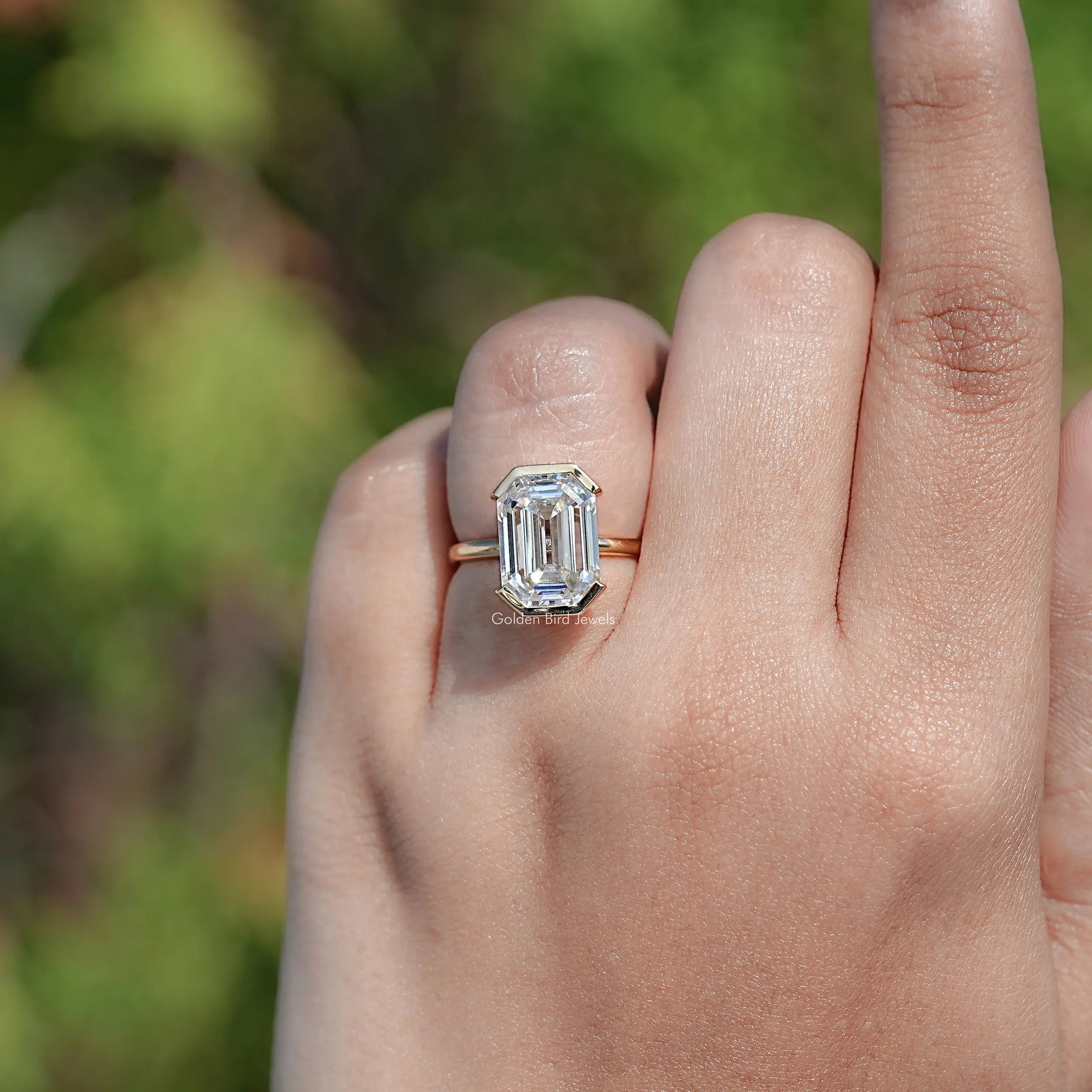 Top View Of Moissanite Old Mine Emerald Cut Ring