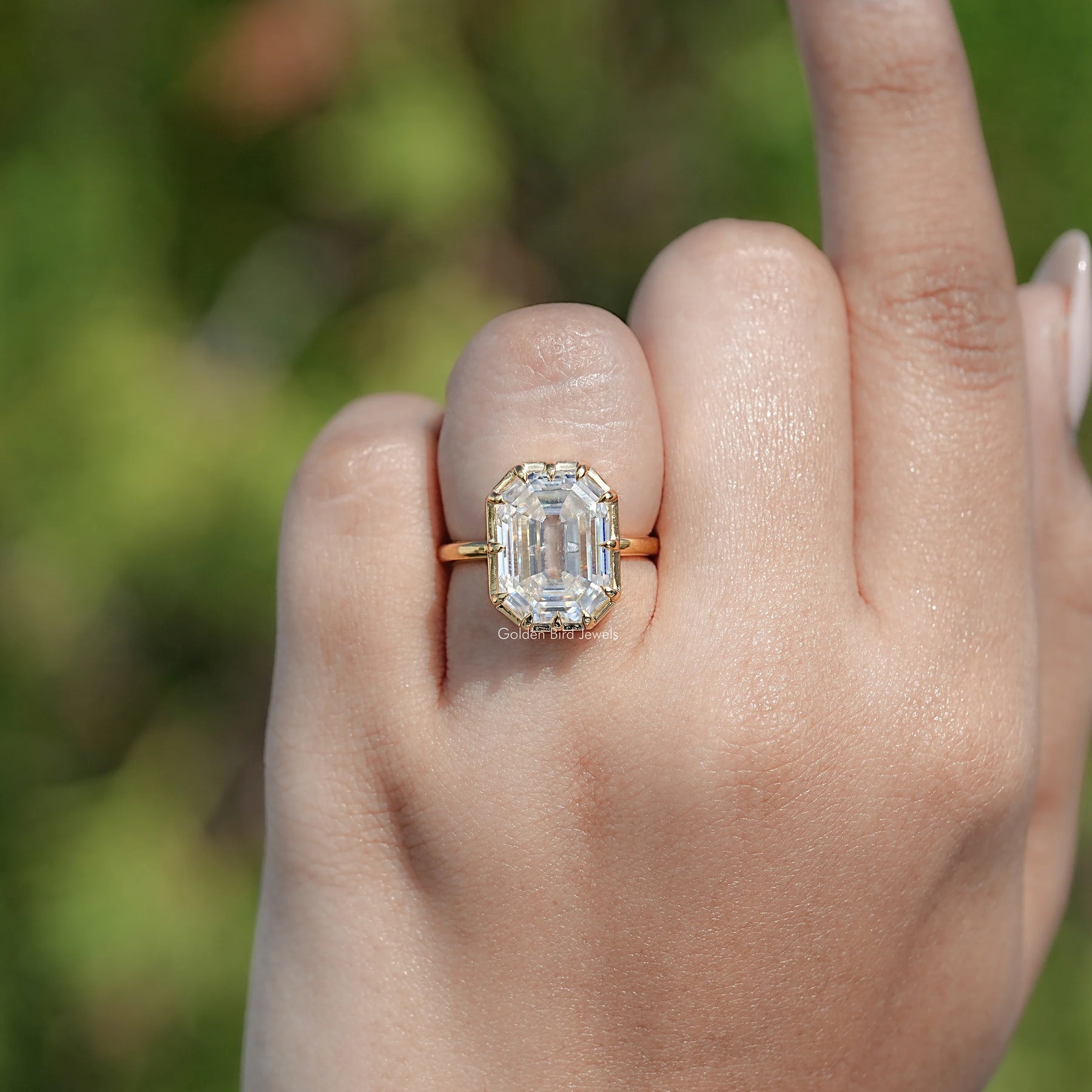 Top View Of Old Mine Moissanite Emerald Cut Ring
