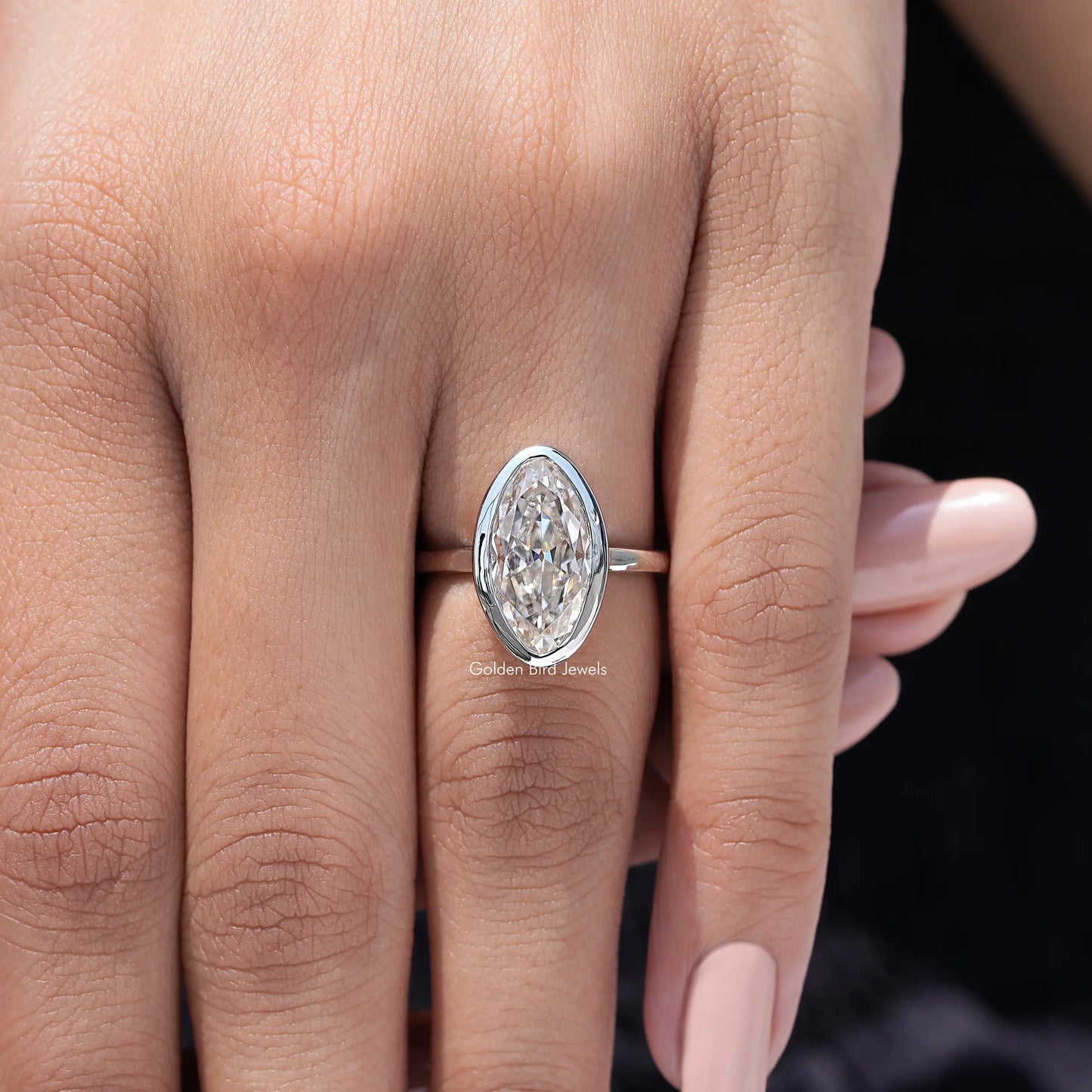 Bezel Set Old Mine Moval Moissanite Solitaire Ring