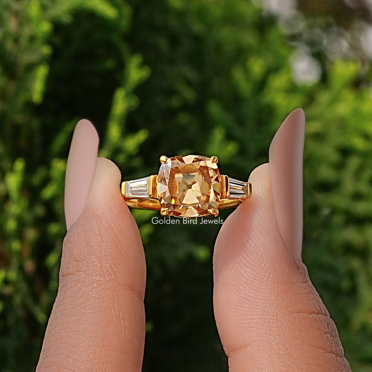Old Mine Square Cushion Cut 3 Stone Engagement Ring