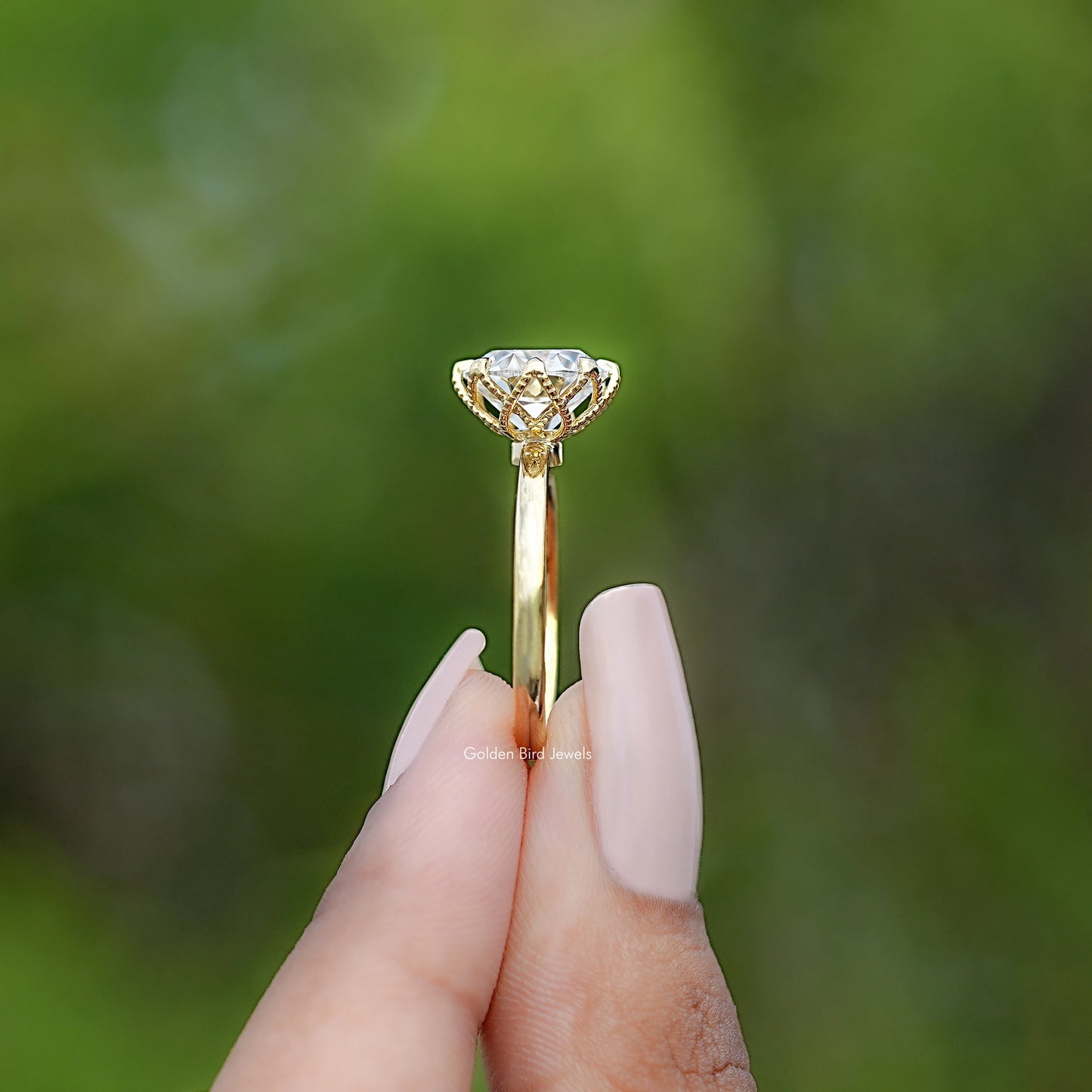 Side View of Old European Cut Round Moissanite Ring