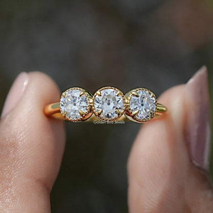 Front view of Old European Cut Round Moissanite Three Stone Ring