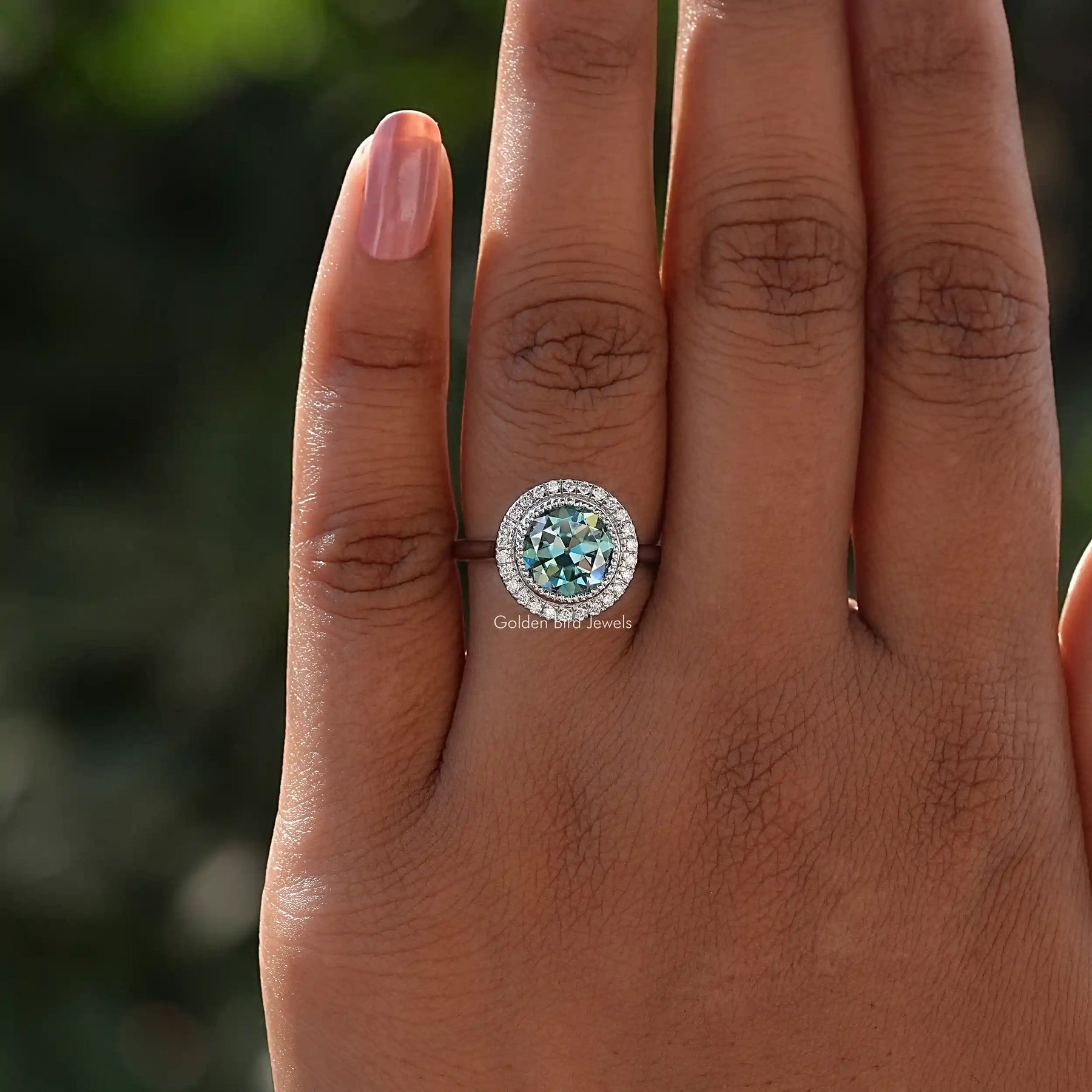Close-Up View of  Round Cut Halo Bridal Ring In White Gold